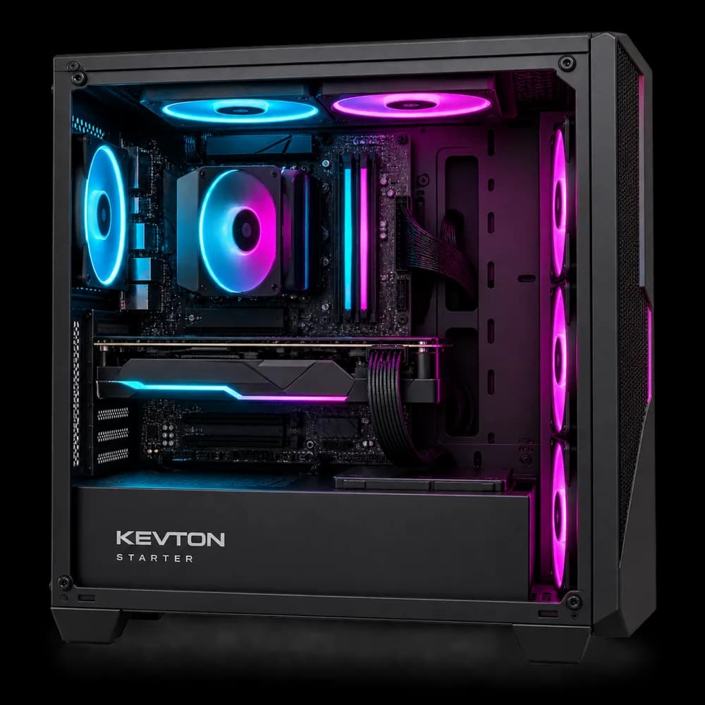 Side panel view showing internal components of Kevton Starter gaming desktop.