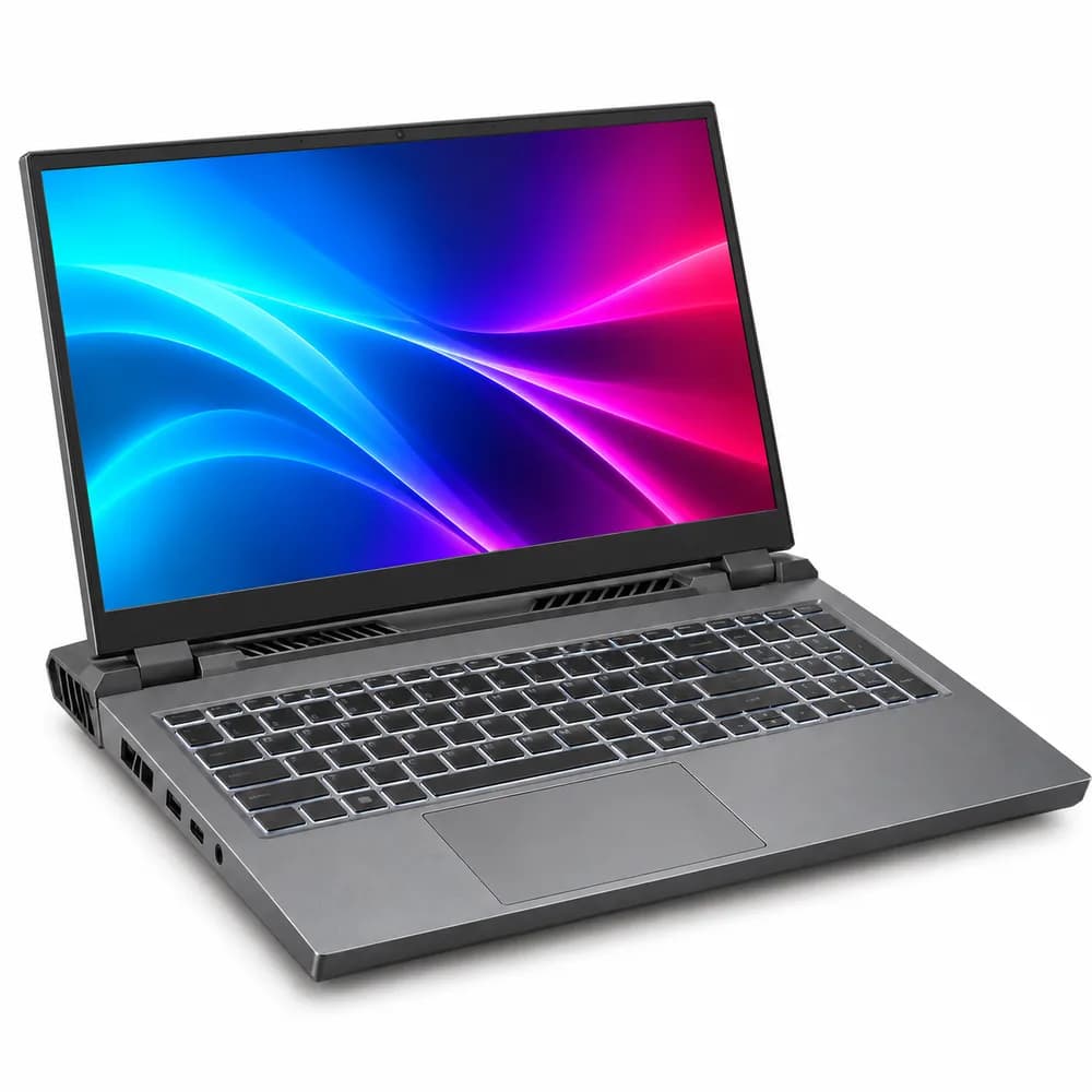 Lenovo LOQ 15IRH8 in storm grey, open at an angle with the screen on