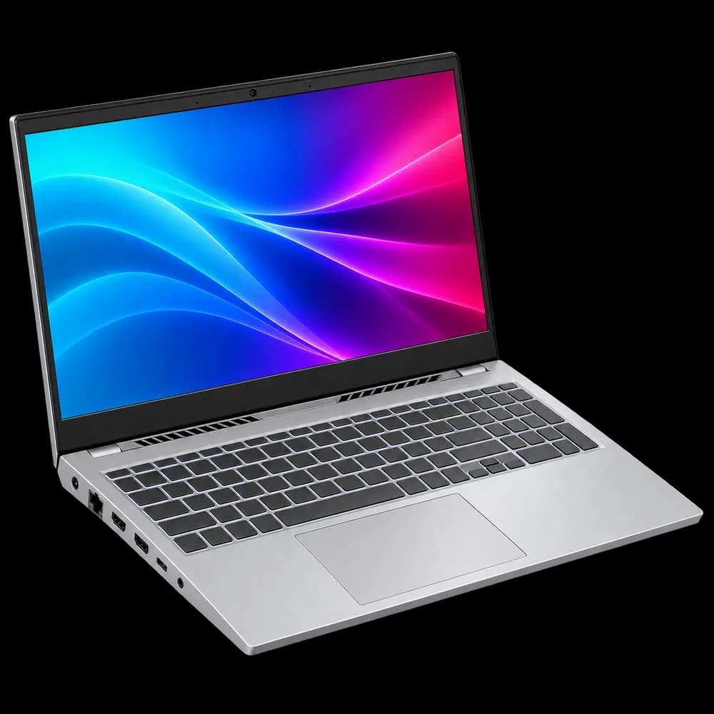 HP Victus 15 in silver, open at an angle with the screen on