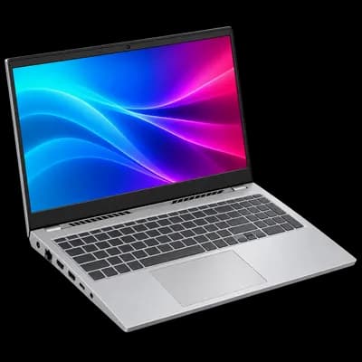 HP Victus 15 in silver, open at an angle with the screen on
