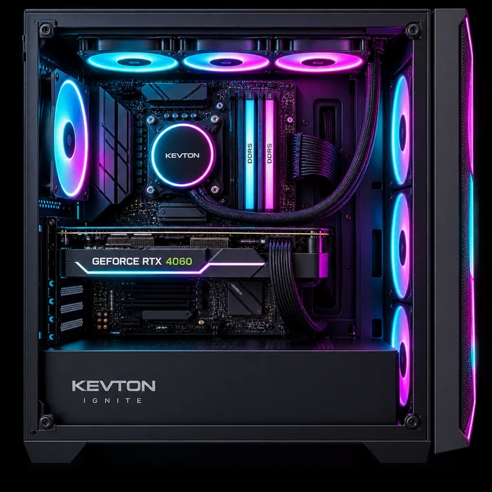 Front three quarter view of Kevton Ignite mid tower gaming PC with cyan and magenta lighting.