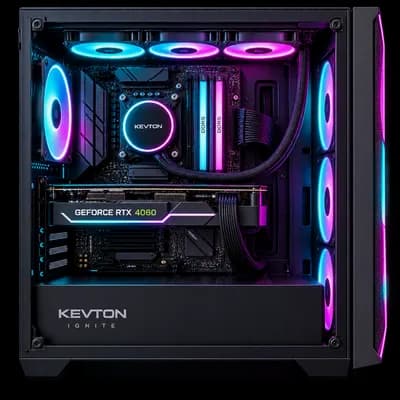Front three quarter view of Kevton Ignite mid tower gaming PC with cyan and magenta lighting.