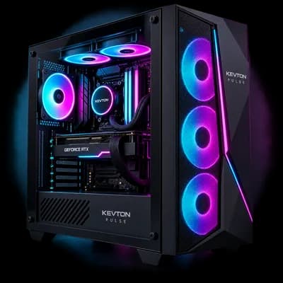 Front three quarter view of Kevton Pulse mid tower gaming PC with cyan magenta lighting.