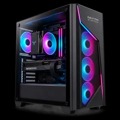 Front three quarter view of Kevton Starter gaming computer with cyan and magenta lighting.
