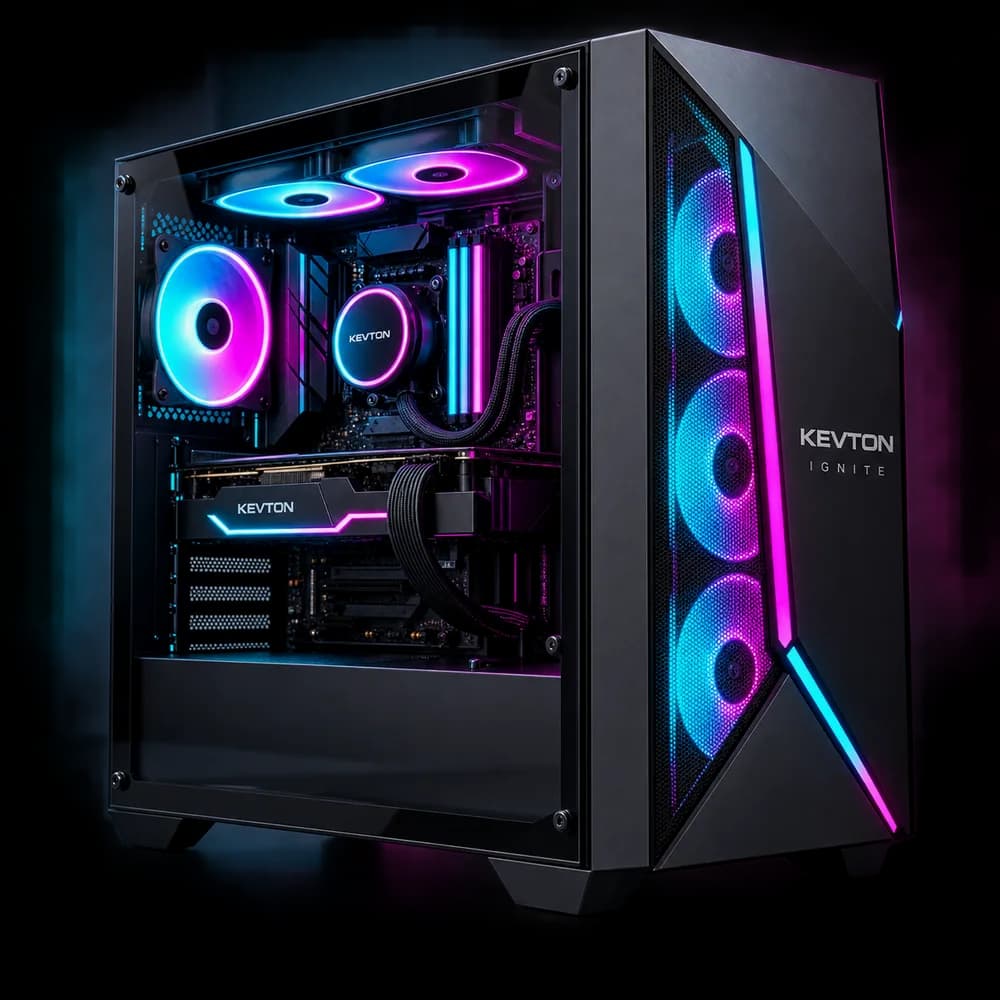 Side view of Kevton Ignite showing DDR5 memory and RTX 4060 graphics card internals.