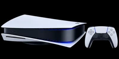 Used PS5 Standard Edition console standing upright with the DualSense controller